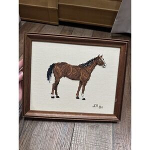 Vintage 1984 Crossstitched horse In Frame